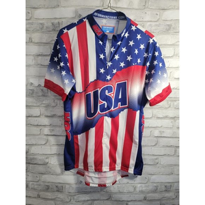 Men Large USA‎ 1/4 Zip Cycling Jersey Bike Shirt Red White Blue 3 back pockets